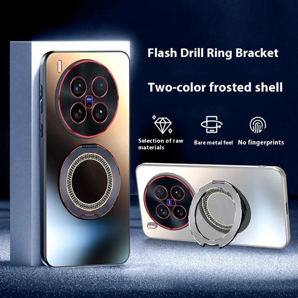 For vivo X200 Ultra 5G Phone Case with Diamond Ring Holder Dual-Color Lens AG Skin-Feel Matte Cover - Titanium Black - 3