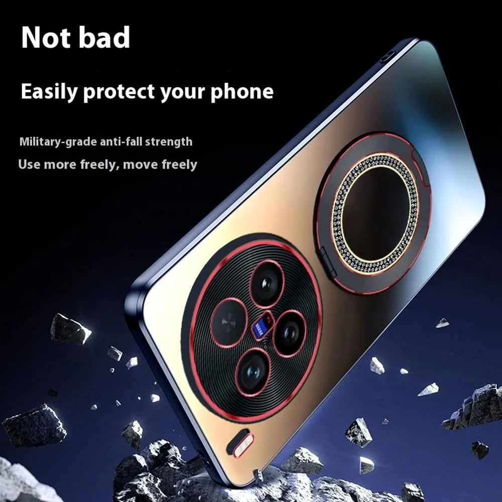 For vivo X200 Ultra 5G Phone Case with Diamond Ring Holder Dual-Color Lens AG Skin-Feel Matte Cover - Titanium Black - 6
