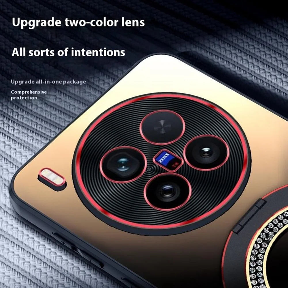 For vivo X200 Ultra 5G Phone Case with Diamond Ring Holder Dual-Color Lens AG Skin-Feel Matte Cover - Titanium Black - 7
