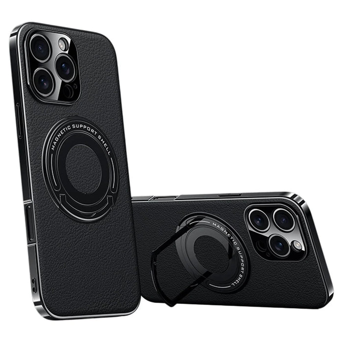 For iPhone 16 Pro Max Case Compatible with MagSafe Leather TPU Back Cover with Hidden Kickstand - Black - 1