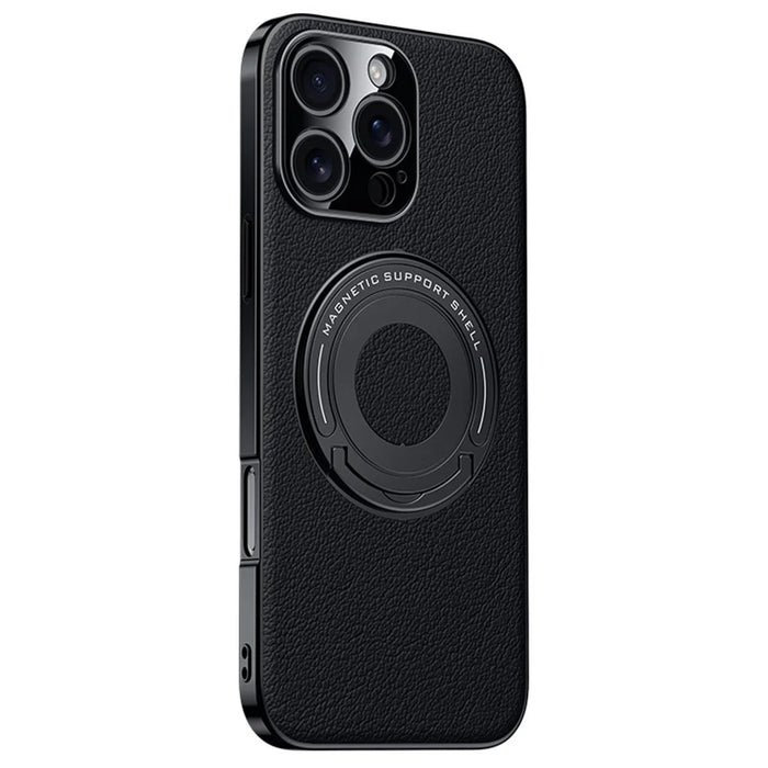 For iPhone 16 Pro Max Case Compatible with MagSafe Leather TPU Back Cover with Hidden Kickstand - Black - 2