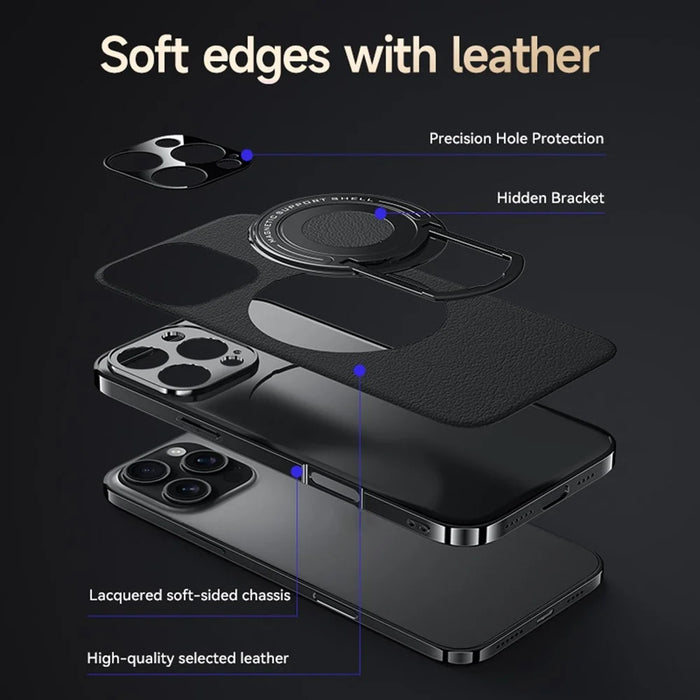 For iPhone 16 Pro Max Case Compatible with MagSafe Leather TPU Back Cover with Hidden Kickstand - Black - 4