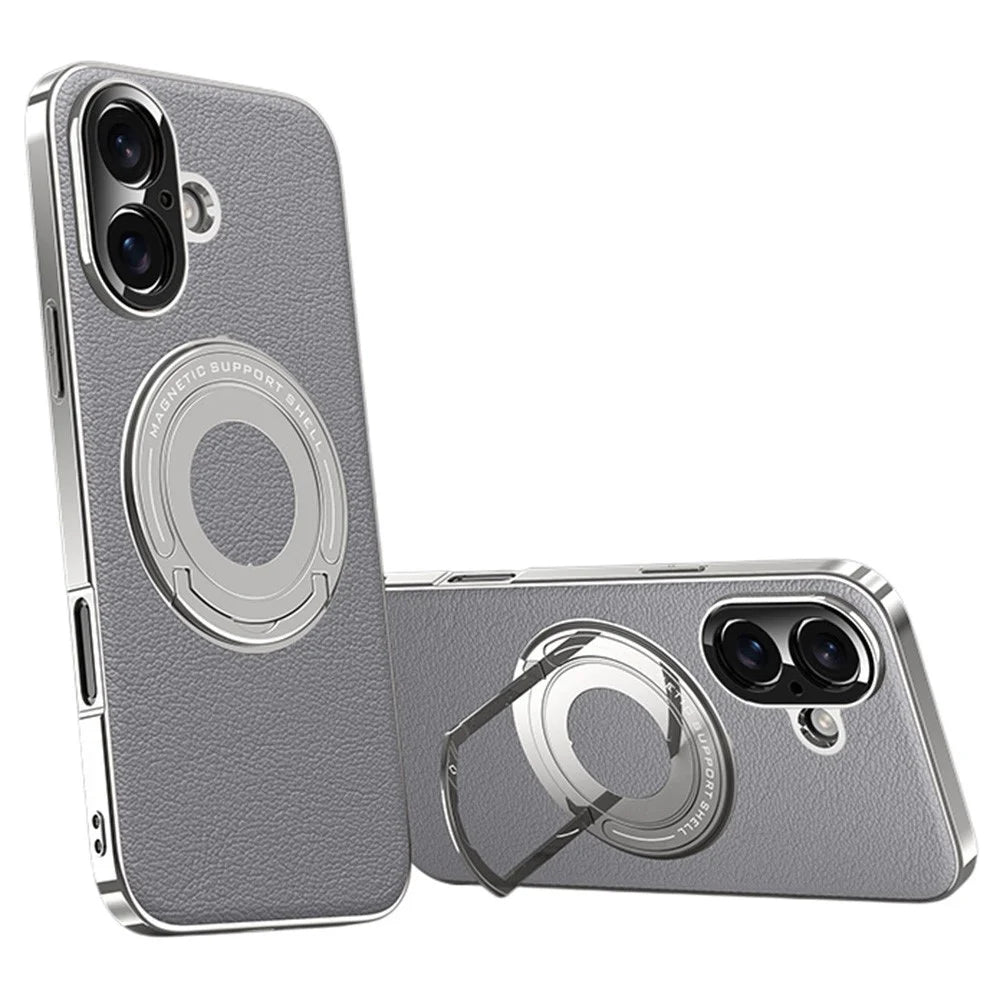 For iPhone 16 Case Compatible with MagSafe Leather TPU Back Cover with Hidden Kickstand - Grey - 1