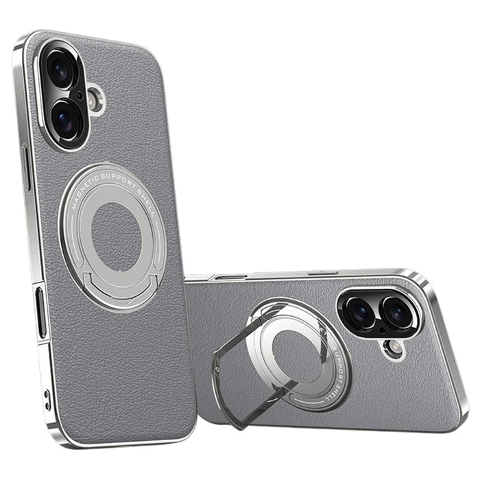 For iPhone 16 Case Compatible with MagSafe Leather TPU Back Cover with Hidden Kickstand - Grey - 1