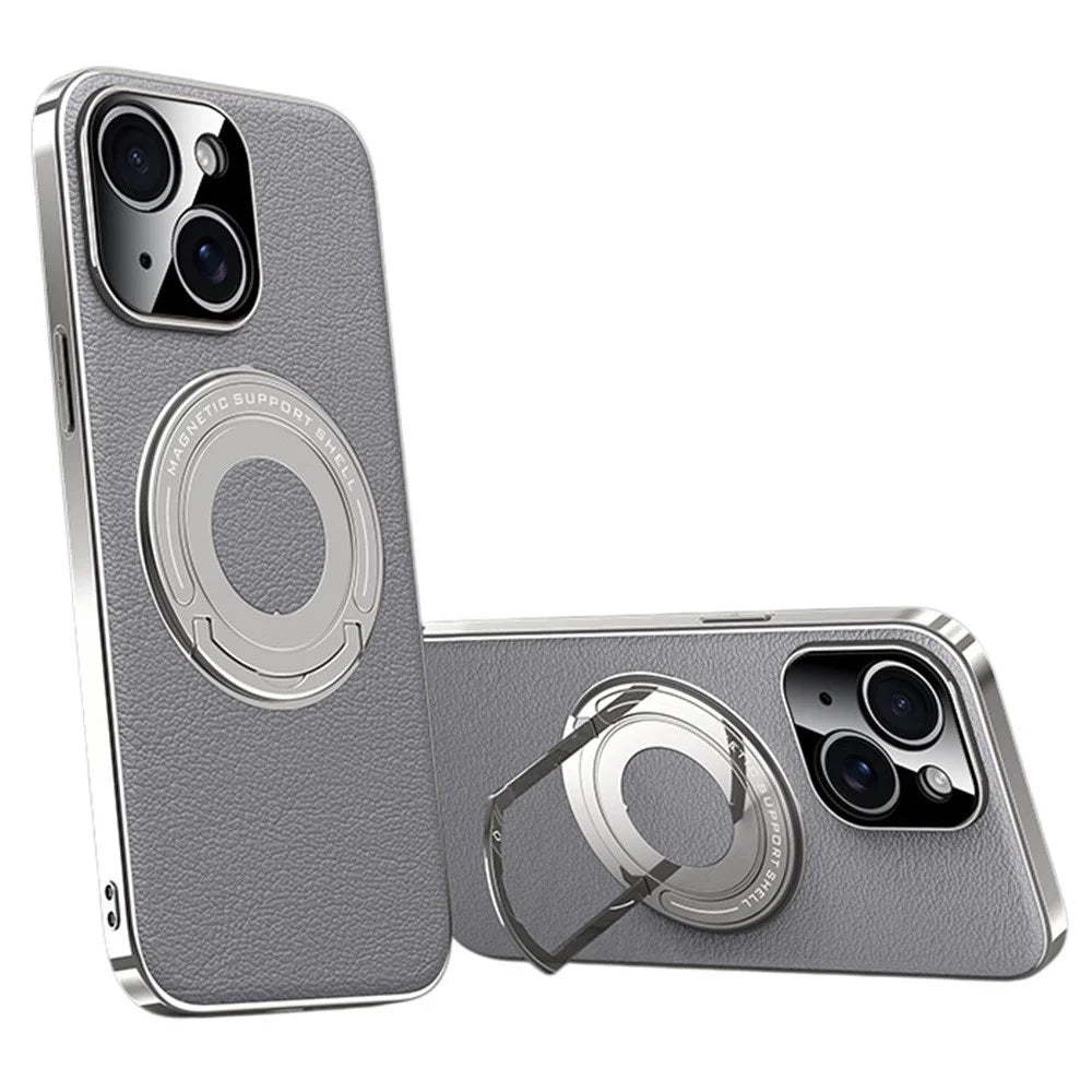 For iPhone 15 Case Compatible with MagSafe Leather TPU Back Cover with Hidden Kickstand - Grey - 1