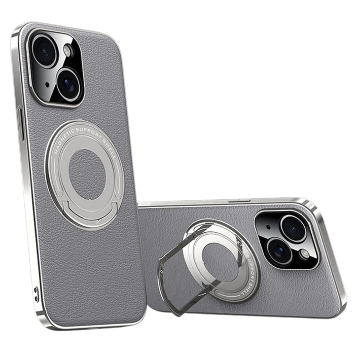 For iPhone 14 Case Compatible with MagSafe Leather TPU Back Cover with Hidden Kickstand - Grey - 1