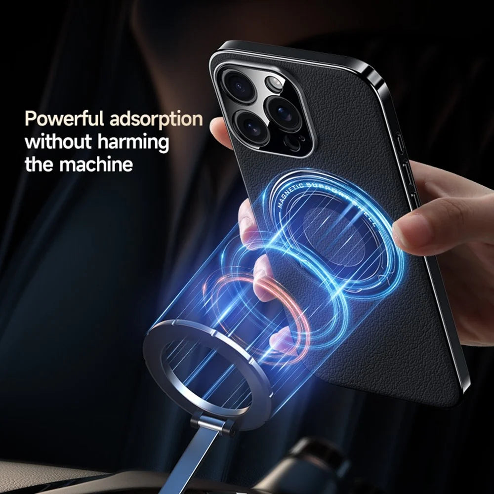 For iPhone 14 Pro Case Compatible with MagSafe Leather TPU Back Cover with Hidden Kickstand - Black - 4