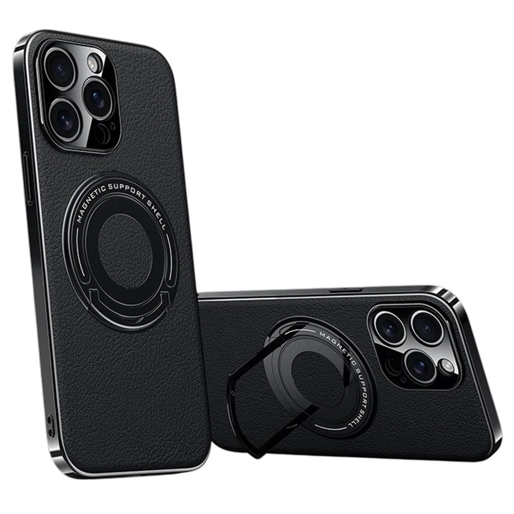 For iPhone 14 Pro Max Case Compatible with MagSafe Leather TPU Back Cover with Hidden Kickstand - Black - 1