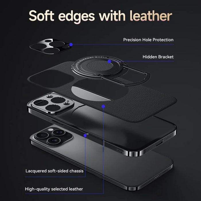 For iPhone 14 Pro Max Case Compatible with MagSafe Leather TPU Back Cover with Hidden Kickstand - Black - 3