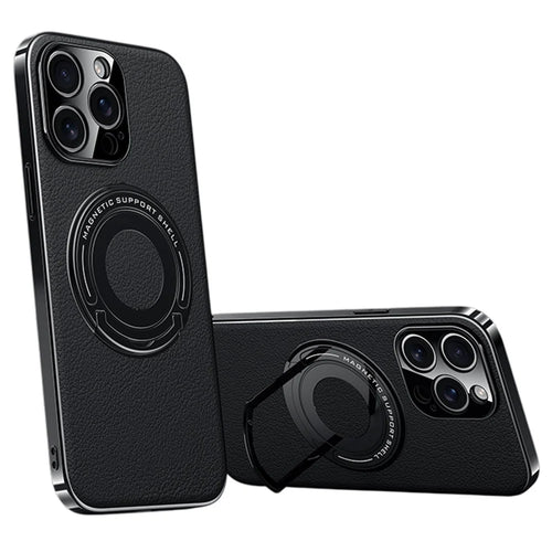 For iPhone 13 Pro Max Case Compatible with MagSafe Leather TPU Back Cover with Hidden Kickstand - Black - 1