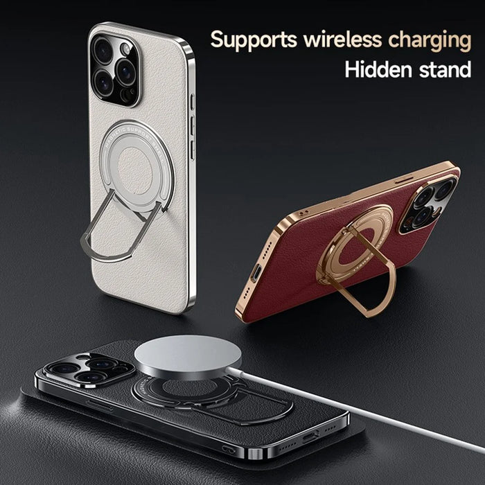 For iPhone 13 Pro Case Compatible with MagSafe Leather TPU Back Cover with Hidden Kickstand - Black - 5