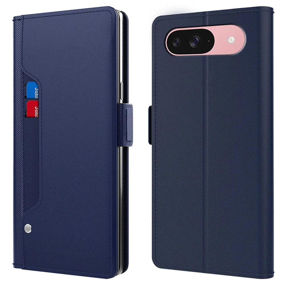 For Google Pixel 10 Pro Case Stand PU Leather Phone Cover Card Holder Mirror - Blue - 1