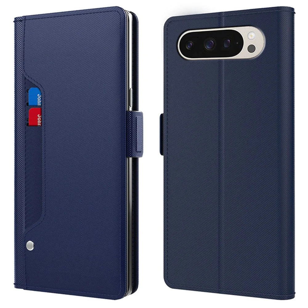 For Google Pixel 10 Pro XL Case Stand PU Leather Phone Cover Card Holder Mirror - Blue - 1