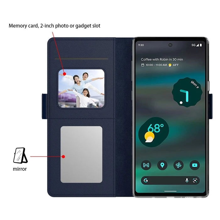 For Google Pixel 10 Pro XL Case Stand PU Leather Phone Cover Card Holder Mirror - Blue - 2