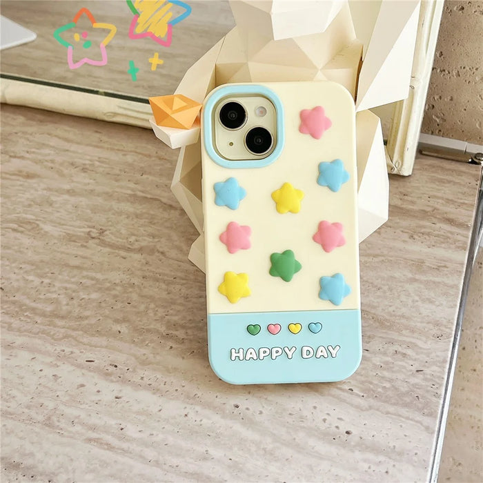 For iPhone 15 Silicone Case Cute 3D Colorful Stars Design Shockproof Phone Back Cover - 2