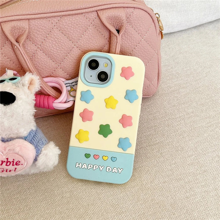 For iPhone 15 Silicone Case Cute 3D Colorful Stars Design Shockproof Phone Back Cover - 4