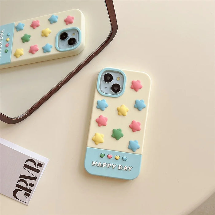 For iPhone 15 Silicone Case Cute 3D Colorful Stars Design Shockproof Phone Back Cover - 5