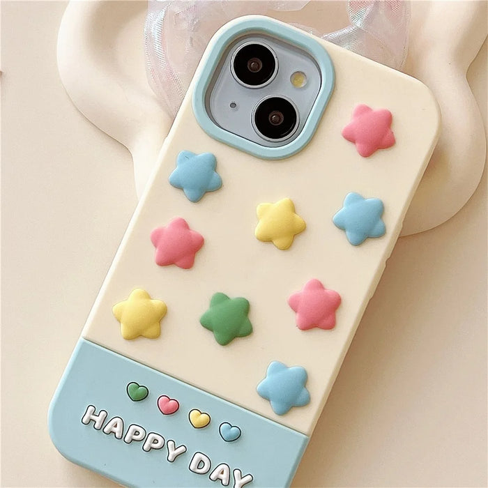For iPhone 15 Silicone Case Cute 3D Colorful Stars Design Shockproof Phone Back Cover - 6