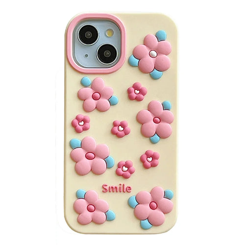 For iPhone 15 Silicone Case Cute 3D Smile Pink Floral Design Shockproof Phone Back Cover - 1