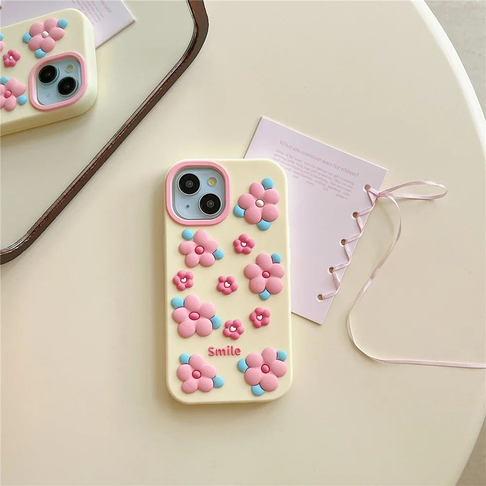 For iPhone 15 Silicone Case Cute 3D Smile Pink Floral Design Shockproof Phone Back Cover - 2