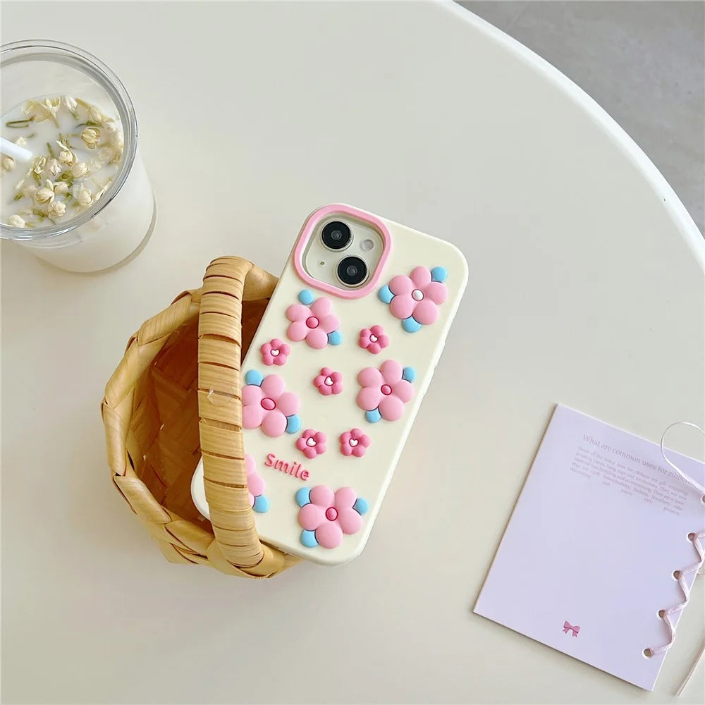 For iPhone 15 Silicone Case Cute 3D Smile Pink Floral Design Shockproof Phone Back Cover - 3