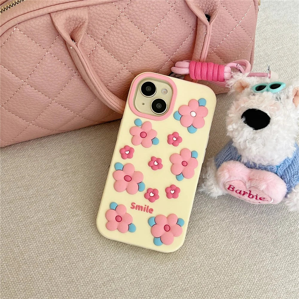 For iPhone 15 Silicone Case Cute 3D Smile Pink Floral Design Shockproof Phone Back Cover - 4