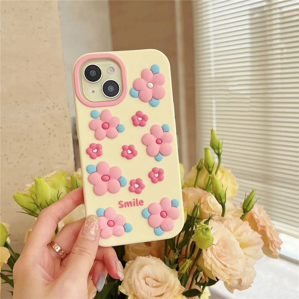 For iPhone 15 Silicone Case Cute 3D Smile Pink Floral Design Shockproof Phone Back Cover - 5