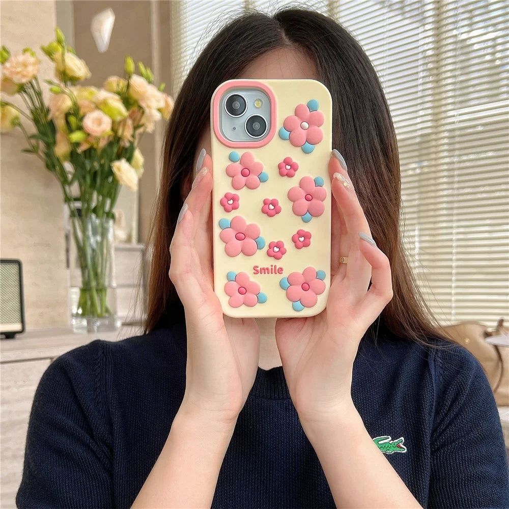 For iPhone 15 Silicone Case Cute 3D Smile Pink Floral Design Shockproof Phone Back Cover - 6