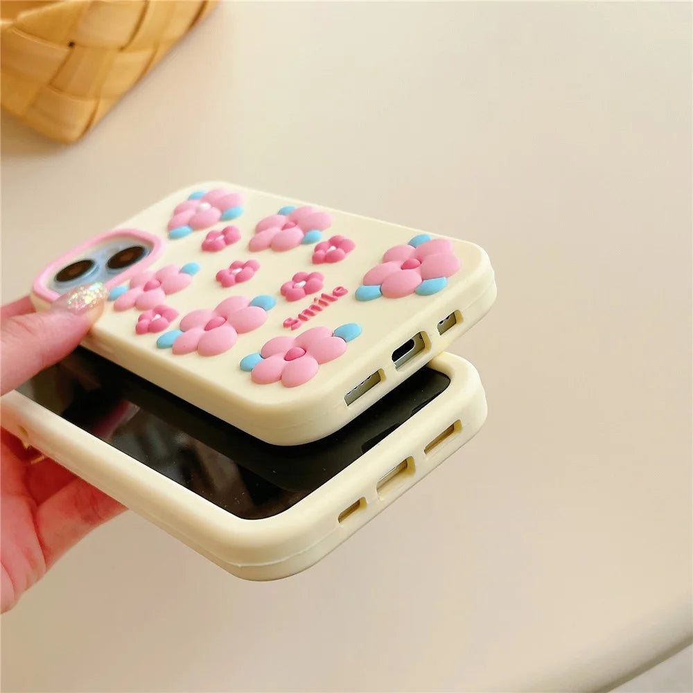 For iPhone 15 Silicone Case Cute 3D Smile Pink Floral Design Shockproof Phone Back Cover - 7