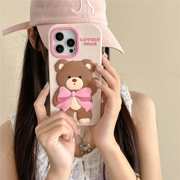 For iPhone 16 Pro Max Silicone Case Cute Bear Glitter Design Shockproof Phone Back Cover - 3
