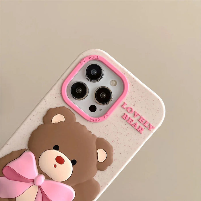 For iPhone 16 Pro Max Silicone Case Cute Bear Glitter Design Shockproof Phone Back Cover - 6