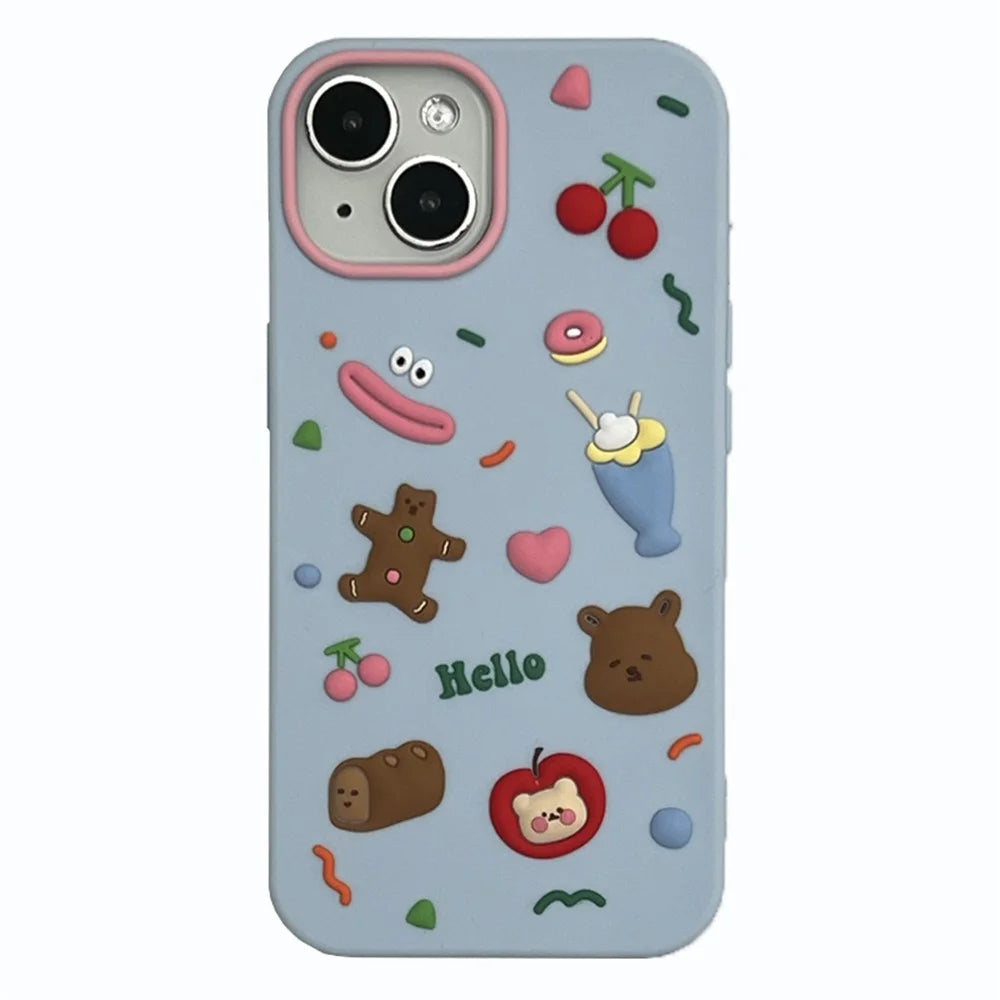 For iPhone 15 Silicone Case Cute Hello Bear Design Shockproof Phone Back Cover - Blue - 1