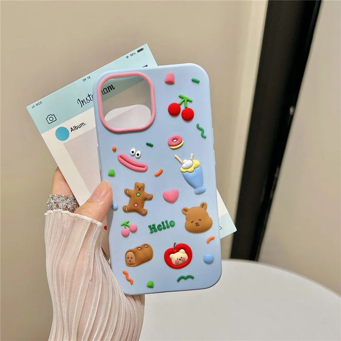 For iPhone 15 Silicone Case Cute Hello Bear Design Shockproof Phone Back Cover - Blue - 2