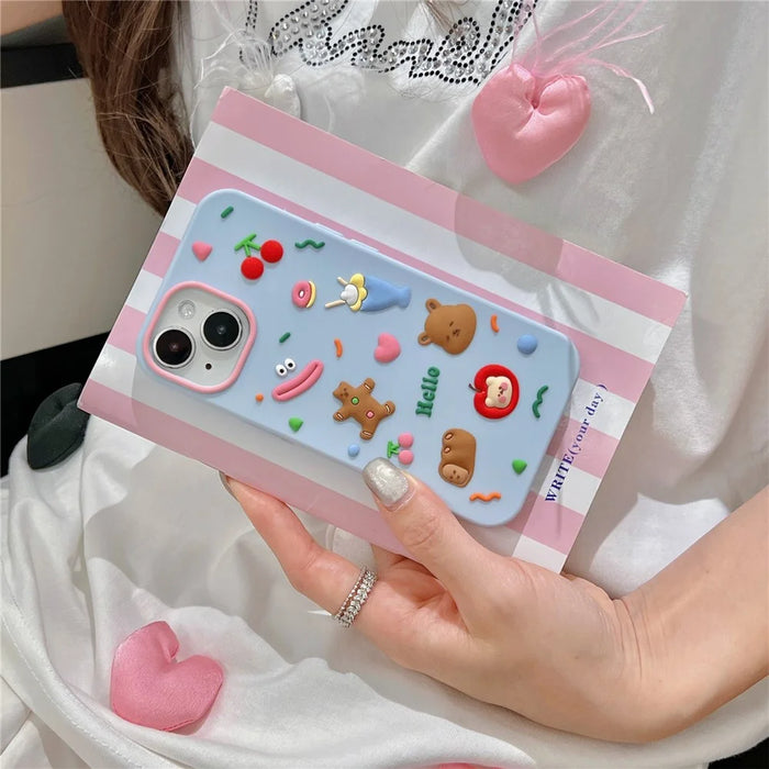 For iPhone 15 Silicone Case Cute Hello Bear Design Shockproof Phone Back Cover - Blue - 3
