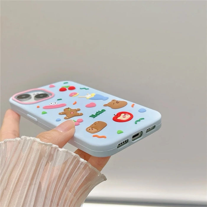 For iPhone 15 Silicone Case Cute Hello Bear Design Shockproof Phone Back Cover - Blue - 4