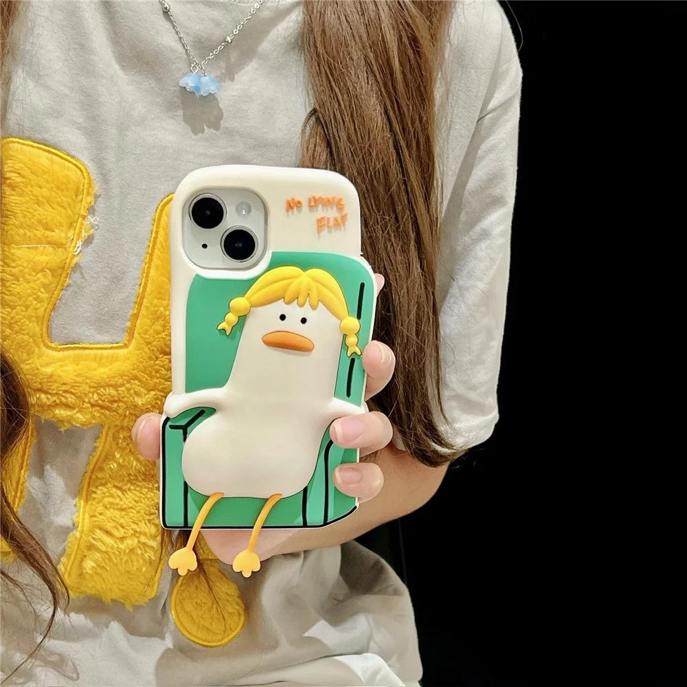 For iPhone 15 Silicone Case Cute Lying Duck Design Shockproof Phone Back Cover - 1