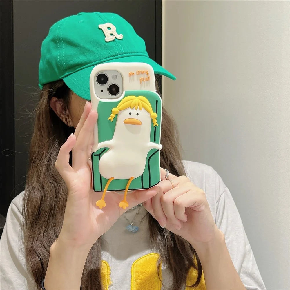 For iPhone 15 Silicone Case Cute Lying Duck Design Shockproof Phone Back Cover - 4