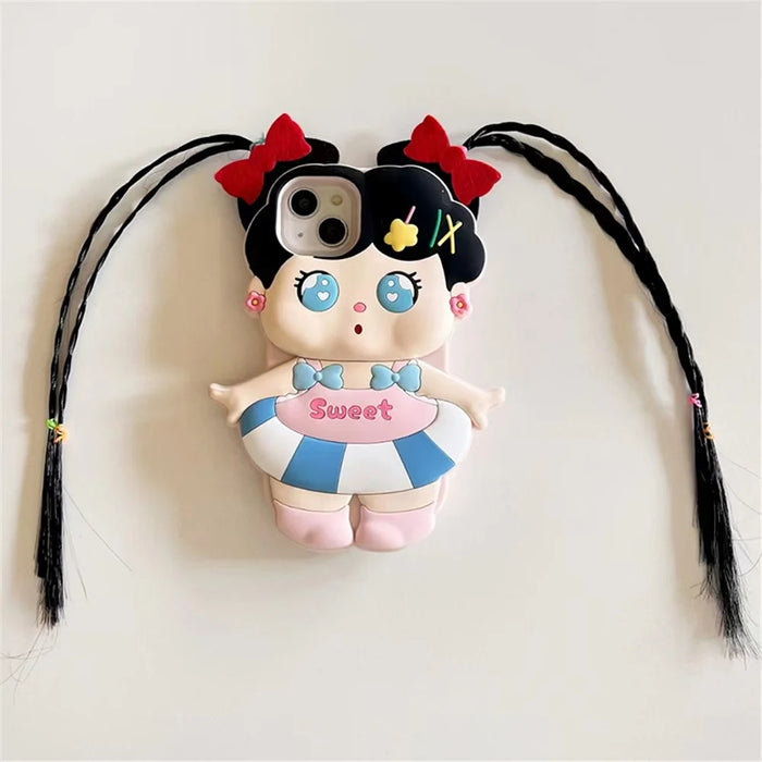 For iPhone 15 Silicone Case Cute Long Braided Girl Design Shockproof Phone Back Cover - 1