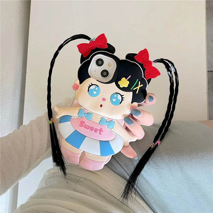 For iPhone 15 Silicone Case Cute Long Braided Girl Design Shockproof Phone Back Cover - 2