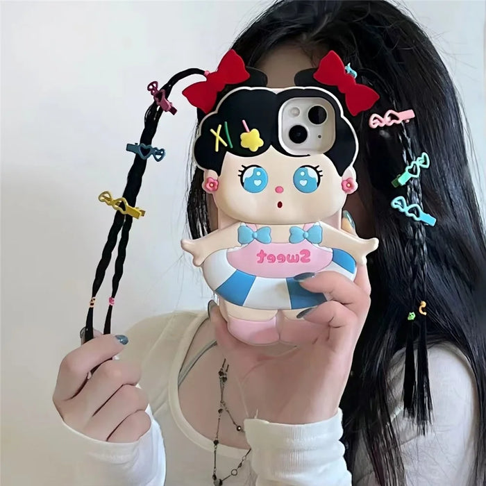 For iPhone 15 Silicone Case Cute Long Braided Girl Design Shockproof Phone Back Cover - 4