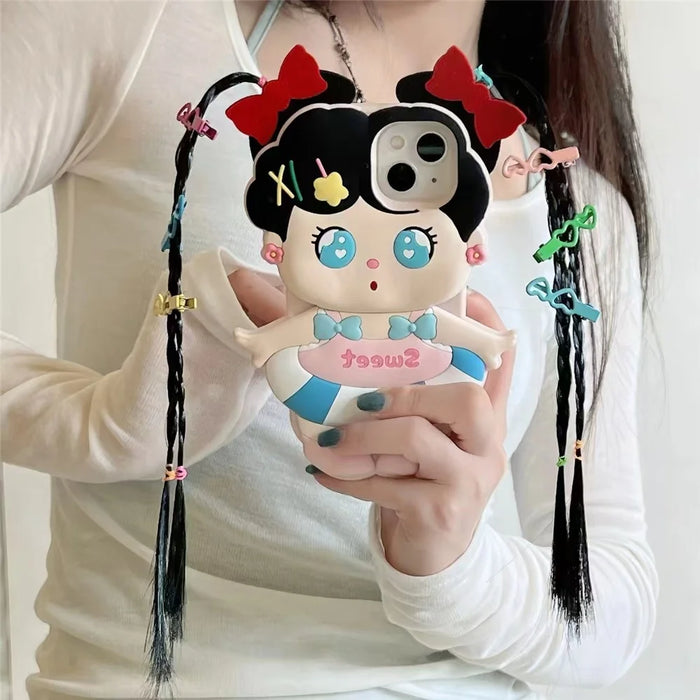 For iPhone 15 Silicone Case Cute Long Braided Girl Design Shockproof Phone Back Cover - 5