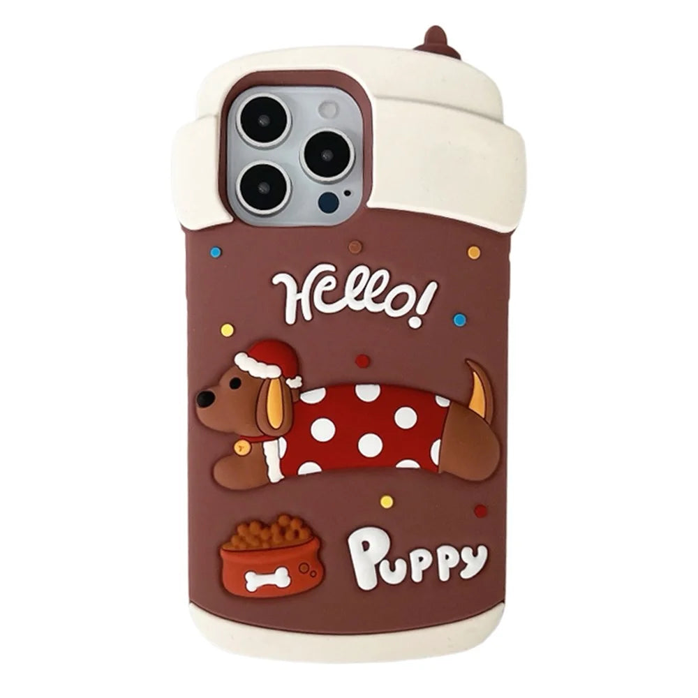 For iPhone 16 Pro Max Silicone Case Cute Dachshund Coffee Cup Design Shockproof Phone Back Cover - 1