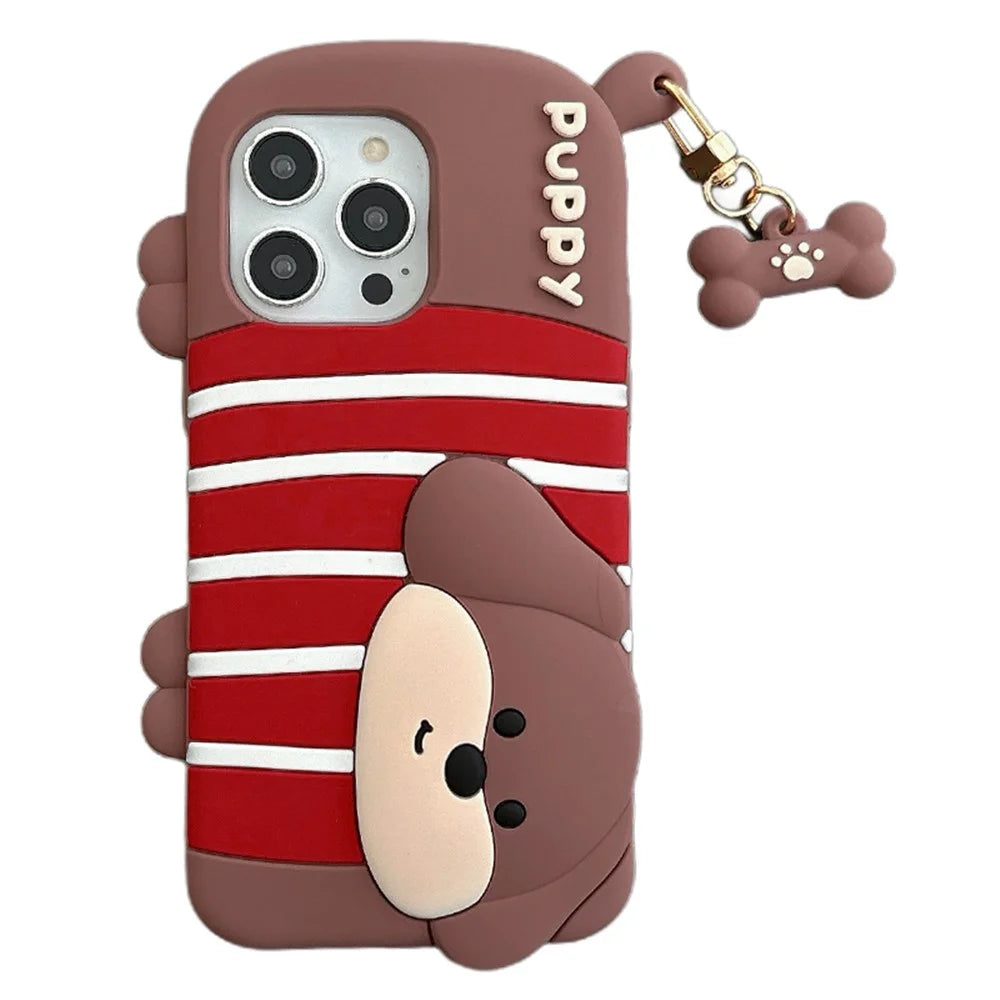 For iPhone 16 Pro Max Silicone Case Cute Striped Dachshund Design Shockproof Phone Back Cover - 1