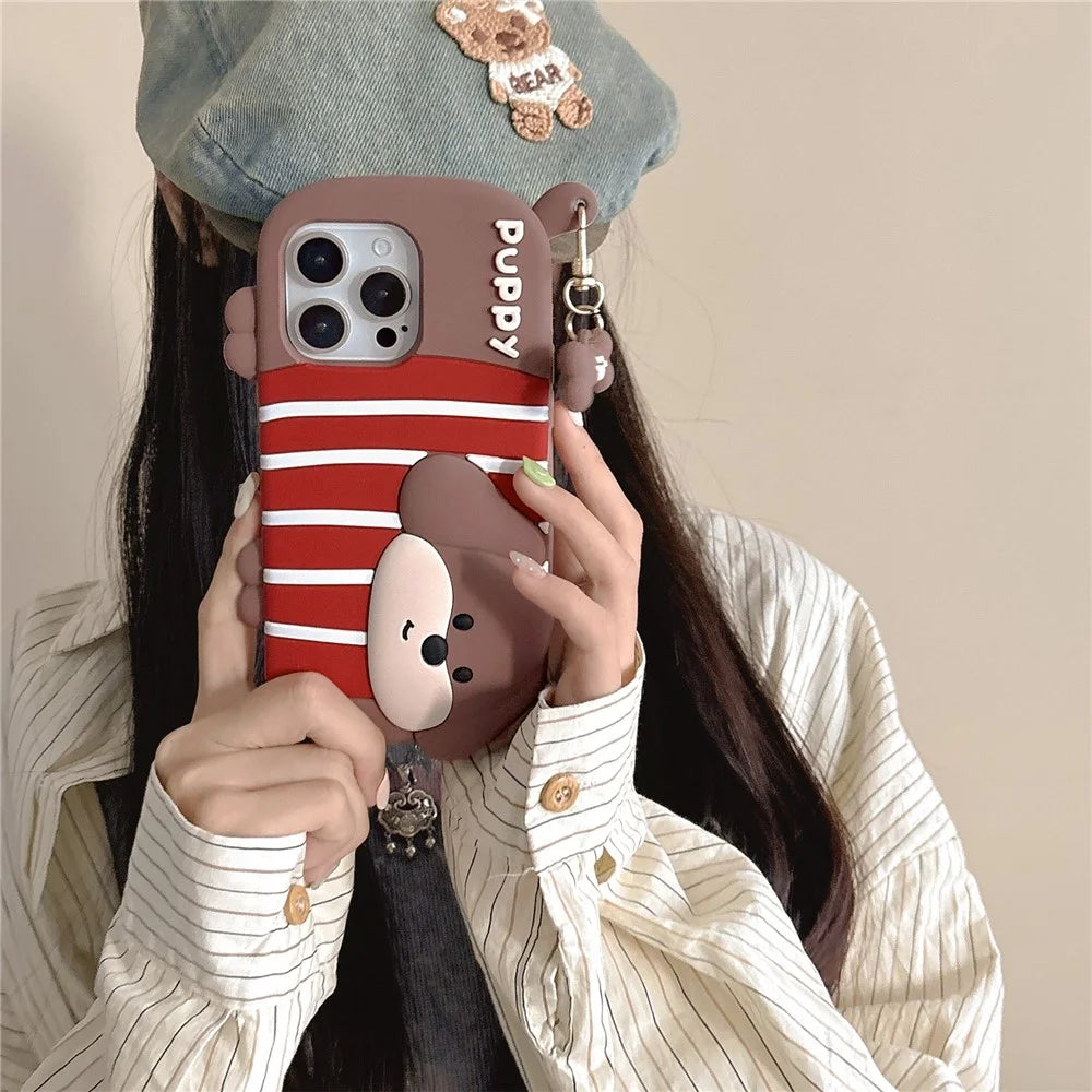 For iPhone 16 Pro Max Silicone Case Cute Striped Dachshund Design Shockproof Phone Back Cover - 3