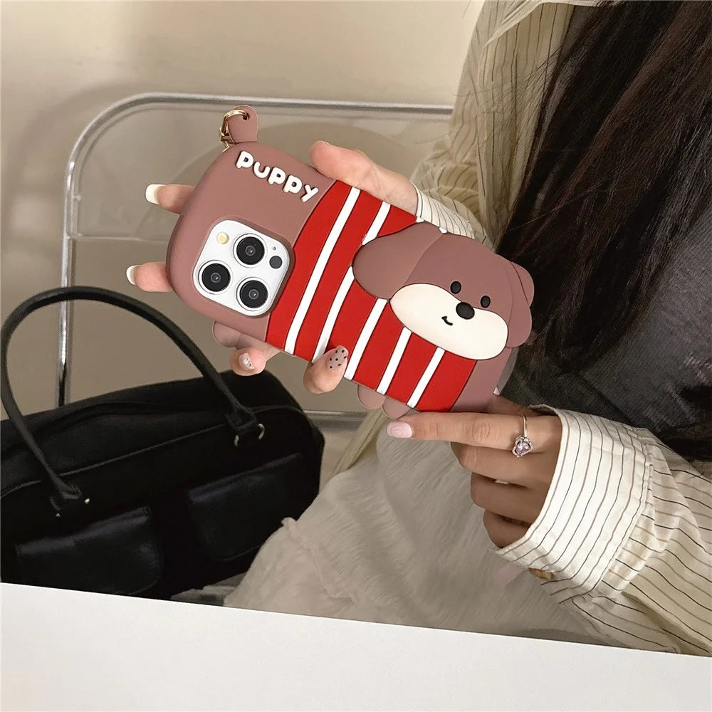 For iPhone 16 Pro Max Silicone Case Cute Striped Dachshund Design Shockproof Phone Back Cover - 4