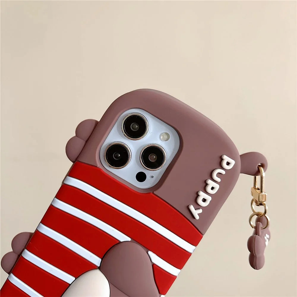 For iPhone 16 Pro Max Silicone Case Cute Striped Dachshund Design Shockproof Phone Back Cover - 6