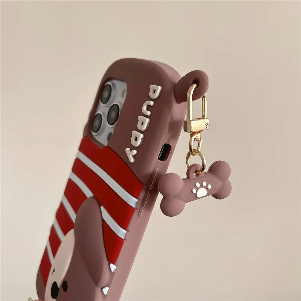 For iPhone 16 Pro Max Silicone Case Cute Striped Dachshund Design Shockproof Phone Back Cover - 7