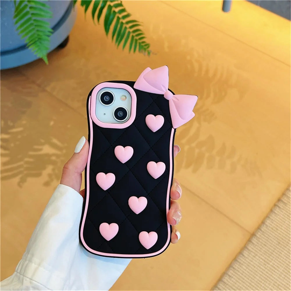 For iPhone 15 Silicone Case Cute Love Bow Design Shockproof Phone Back Cover - 2