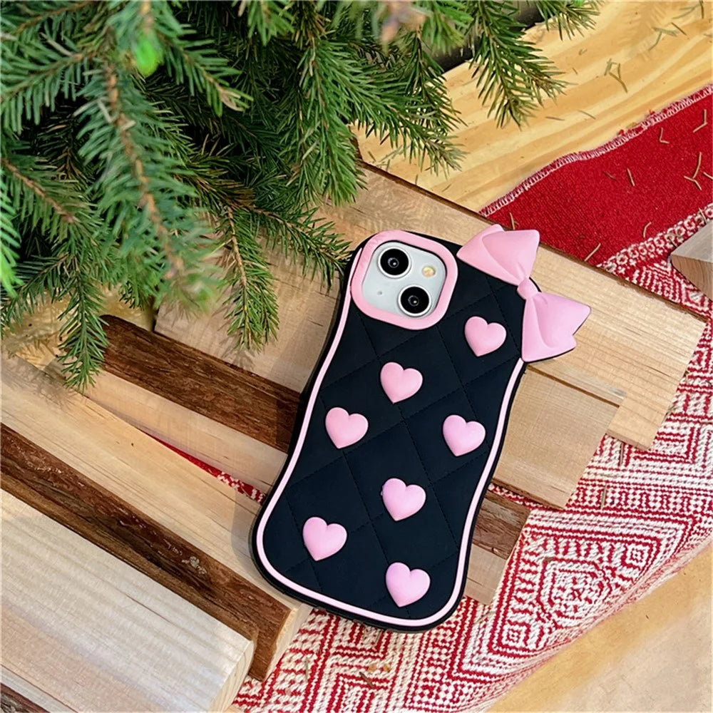 For iPhone 15 Silicone Case Cute Love Bow Design Shockproof Phone Back Cover - 3