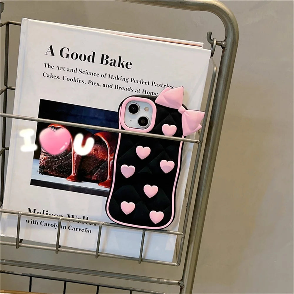 For iPhone 15 Silicone Case Cute Love Bow Design Shockproof Phone Back Cover - 4